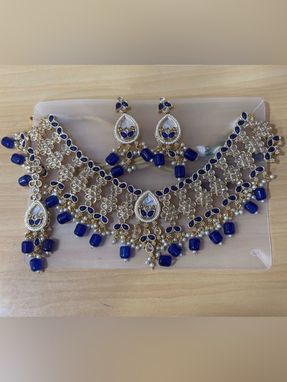 Blue and Gold Statement Necklace Set with Earrings